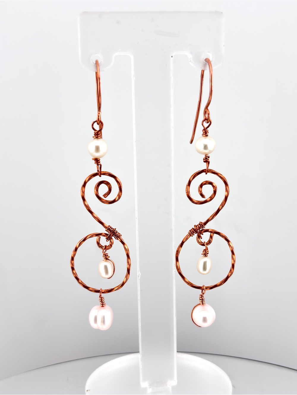 HANDMADE Freshwater Pearl Copper Wire Wrapped Dangle Earrings, Artisan Jewelry